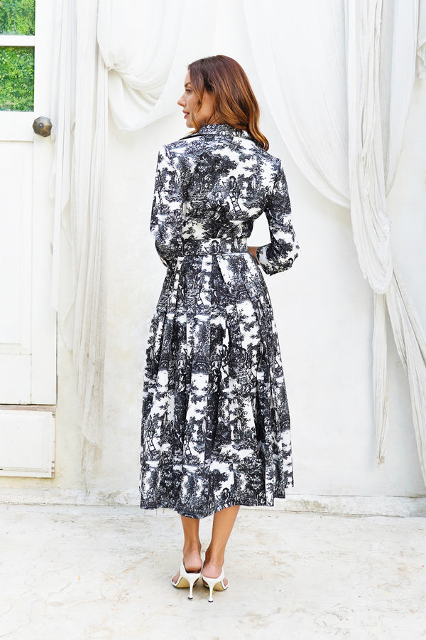 Audrey Dress #2 Shirt Collar 3/4 Sleeve Midi Length Cotton Stretch (Antilles Toile Pastel)