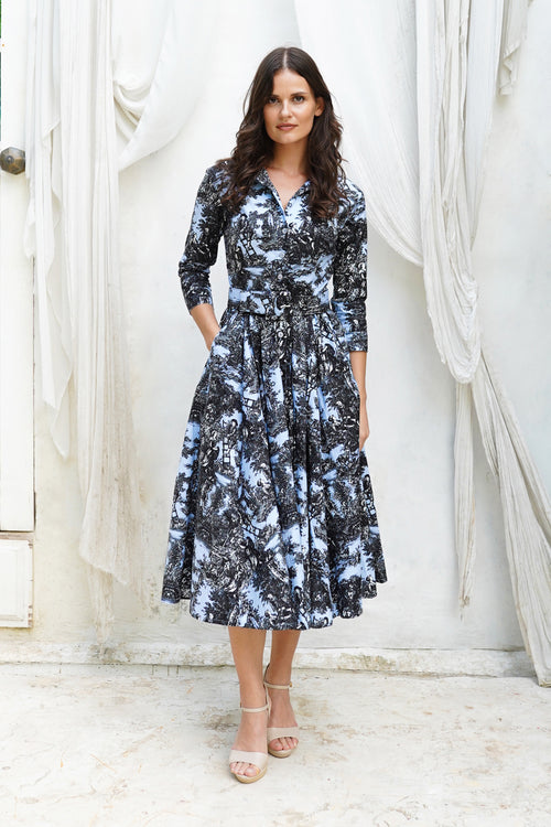 Laurent Dress Shirt Collar 3/4 Sleeve Midi Length Cotton Stretch (Antilles Toile Pastel)