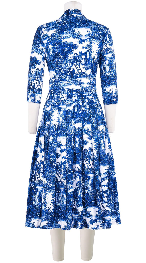 Audrey Dress #4 Shirt Collar 3/4 Sleeve Midi Length Cotton Stretch (Antilles Toile White)
