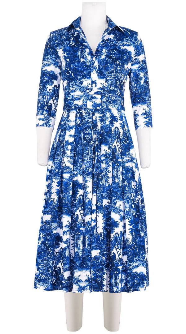 Audrey Dress #4 Shirt Collar 3/4 Sleeve Midi Length Cotton Stretch (Antilles Toile White)