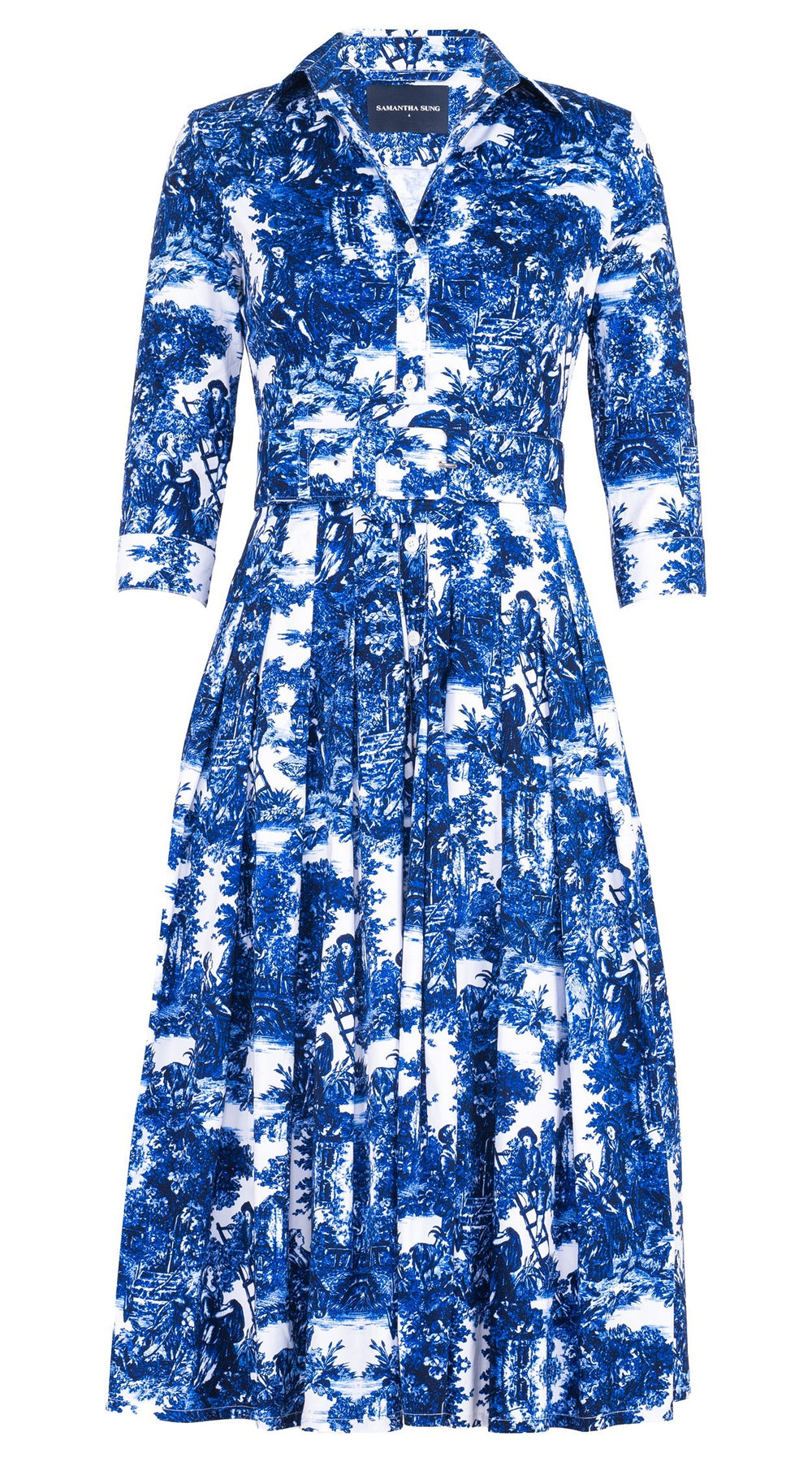 Audrey Dress #4 Shirt Collar 3/4 Sleeve Midi Length Cotton Stretch (Antilles Toile White)