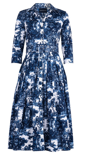 Audrey Dress #2 Shirt Collar 3/4 Sleeve Midi Length Cotton Stretch (Antilles Toile White)