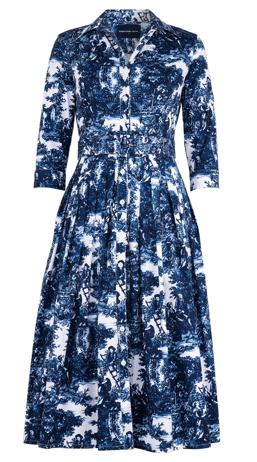 Audrey Dress #2 Shirt Collar 3/4 Sleeve Midi Length Cotton Stretch (Antilles Toile White)