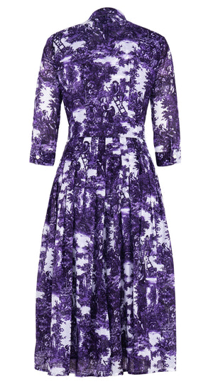 Audrey Dress #4 Shirt Collar 3/4 Sleeve Midi Length Cotton Musola (Antilles Toile White)