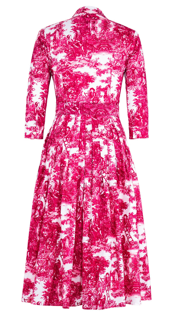 Audrey Dress #2 Shirt Collar 3/4 Sleeve Midi Length Cotton Stretch (Antilles Toile White)