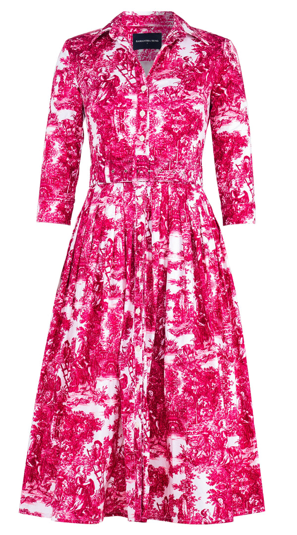 Audrey Dress #2 Shirt Collar 3/4 Sleeve Midi Length Cotton Stretch (Antilles Toile White)