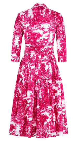 Audrey Dress #2 Shirt Collar 3/4 Sleeve Midi Length Cotton Stretch (Antilles Toile White)