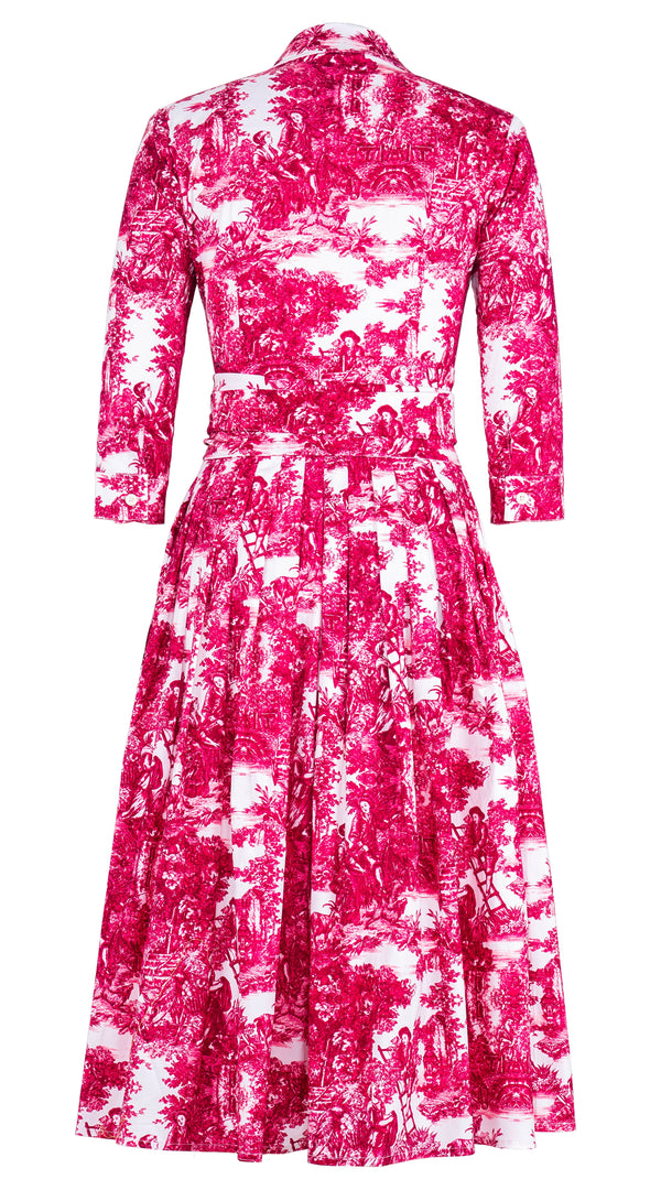 Audrey Dress #2 Shirt Collar 3/4 Sleeve Midi Length Cotton Stretch (Antilles Toile White)