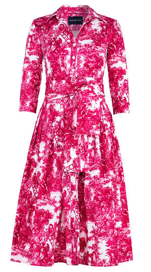 Audrey Dress #2 Shirt Collar 3/4 Sleeve Midi Length Cotton Stretch (Antilles Toile White)