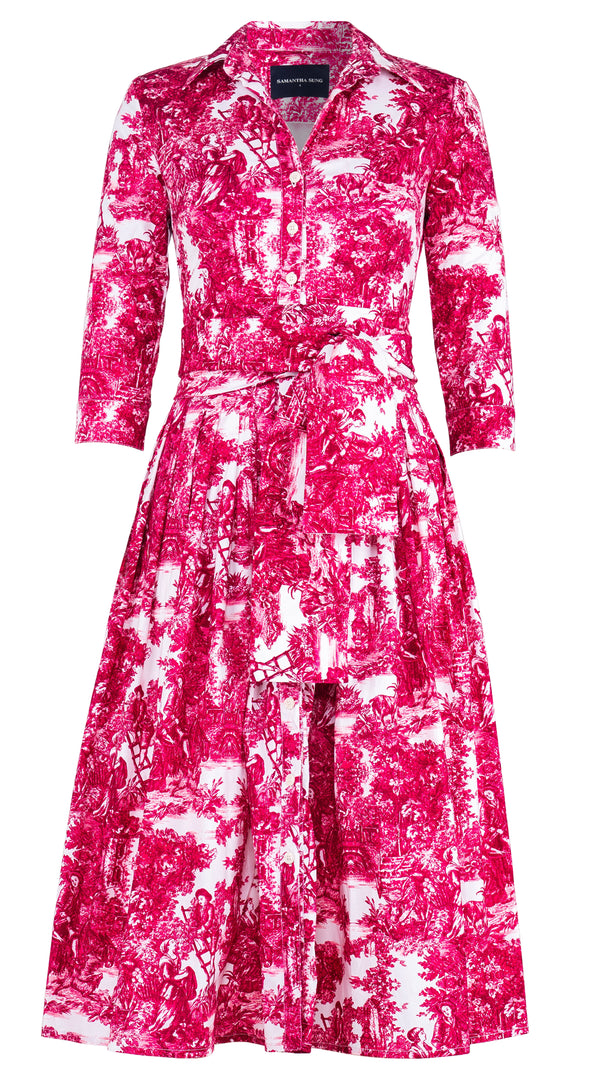 Audrey Dress #2 Shirt Collar 3/4 Sleeve Midi Length Cotton Stretch (Antilles Toile White)