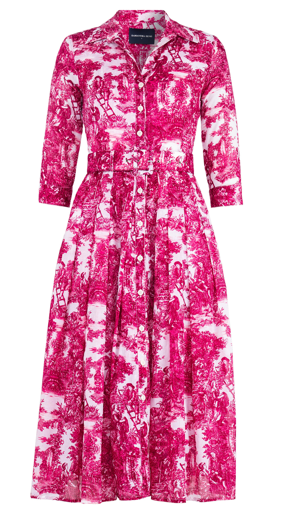 Audrey Dress #4 Shirt Collar 3/4 Sleeve Midi Length Cotton Musola (Antilles Toile White)