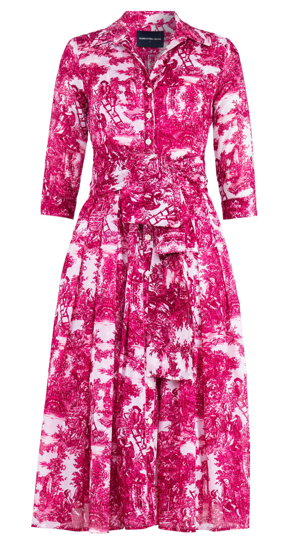 Audrey Dress #4 Shirt Collar 3/4 Sleeve Midi Length Cotton Musola (Antilles Toile White)