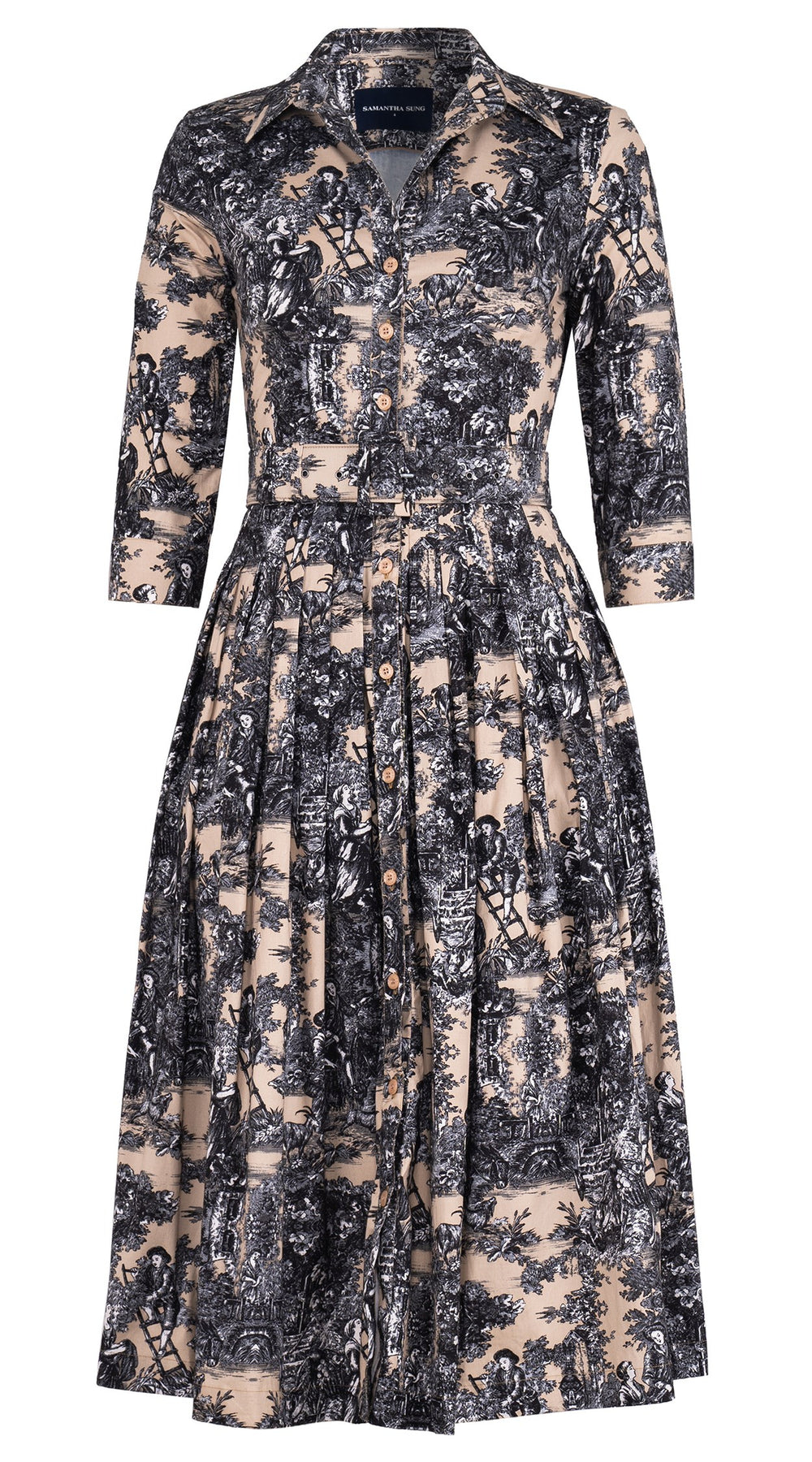 Audrey Dress #2 Shirt Collar 3/4 Sleeve Midi Length Cotton Stretch (Antilles Toile Ground)
