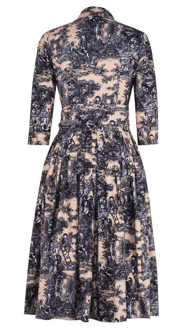 Audrey Dress #2 Shirt Collar 3/4 Sleeve Midi Length Cotton Stretch (Antilles Toile Ground)