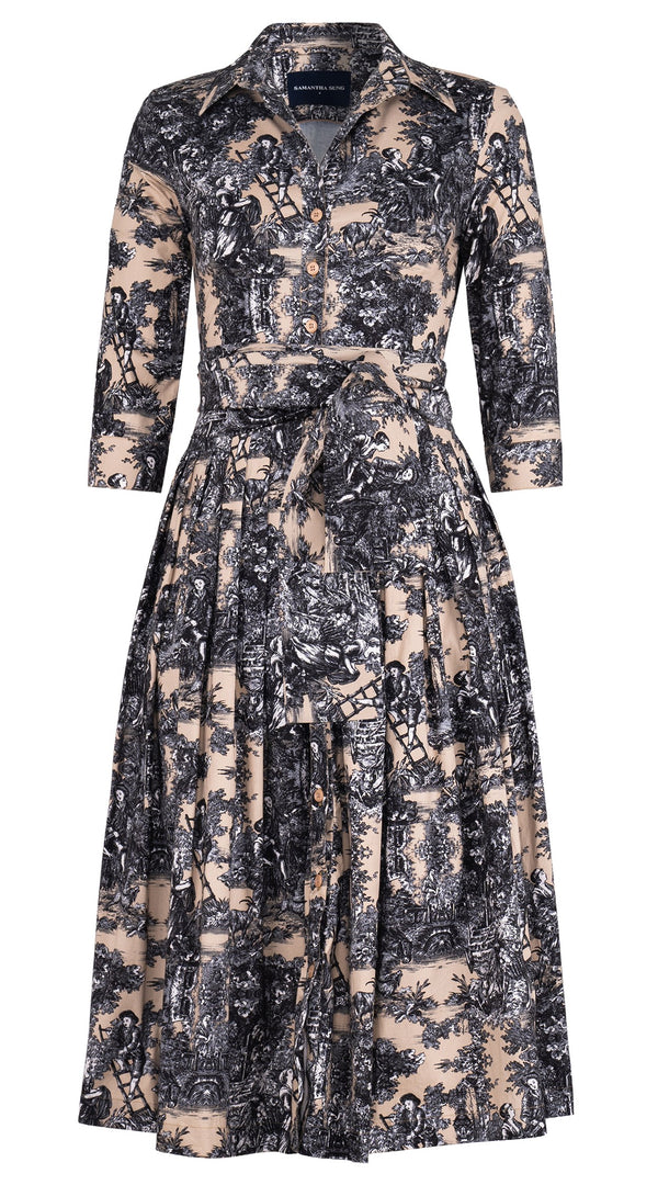 Audrey Dress #2 Shirt Collar 3/4 Sleeve Midi Length Cotton Stretch (Antilles Toile Ground)