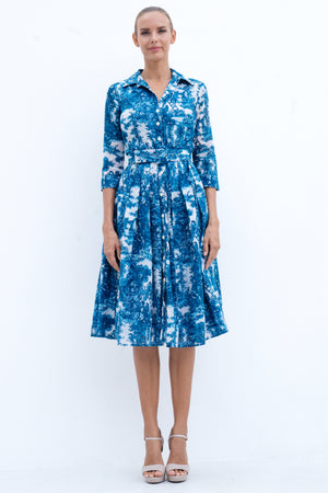 Audrey Dress #4 Shirt Collar 3/4 Sleeve Long Length Cotton Musola (Antilles Toile White)