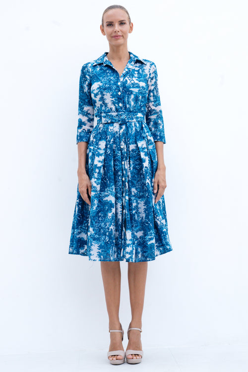 Audrey Dress #4 Shirt Collar 3/4 Sleeve Long Length Cotton Musola (Antilles Toile White)