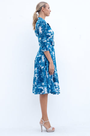 Audrey Dress #4 Shirt Collar 3/4 Sleeve Long Length Cotton Musola (Antilles Toile White)