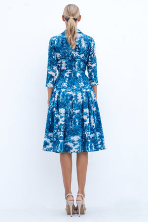 Audrey Dress #4 Shirt Collar 3/4 Sleeve Long Length Cotton Musola (Antilles Toile White)