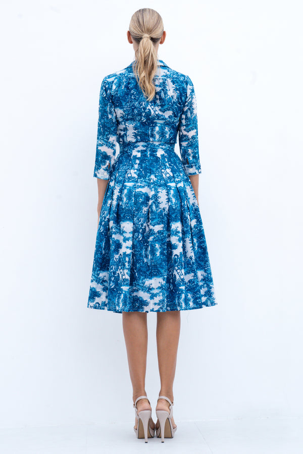 Audrey Dress #4 Shirt Collar 3/4 Sleeve Long Length Cotton Musola (Antilles Toile White)