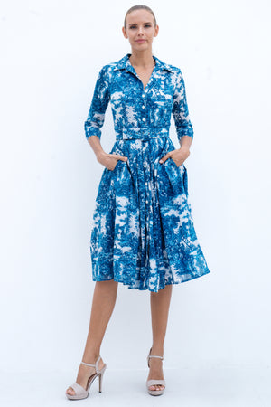 Audrey Dress #4 Shirt Collar 3/4 Sleeve Long Length Cotton Musola (Antilles Toile White)