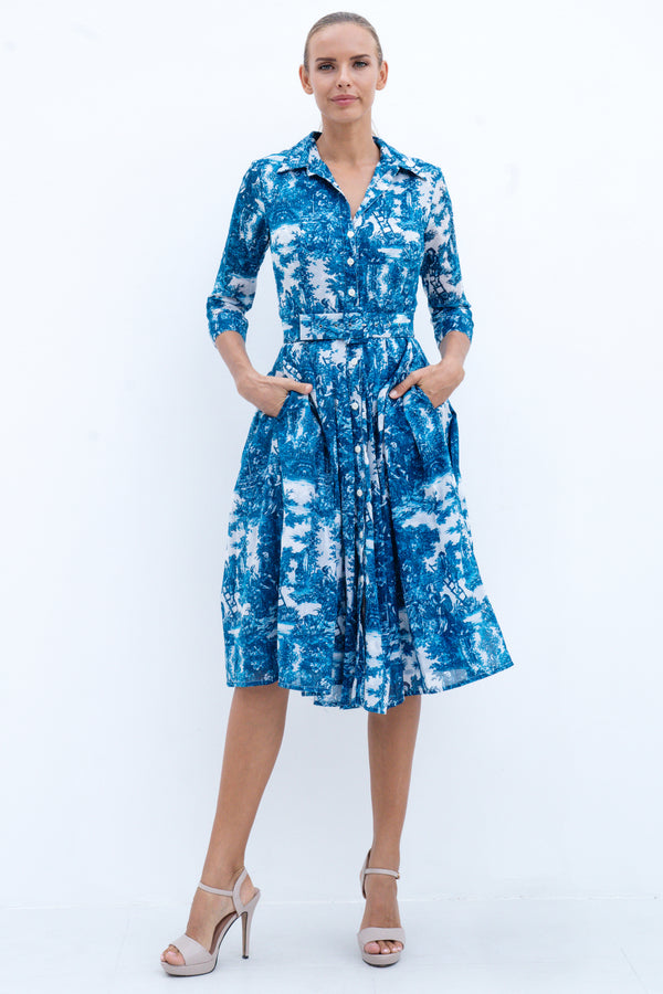 Audrey Dress #4 Shirt Collar 3/4 Sleeve Long Length Cotton Musola (Antilles Toile White)