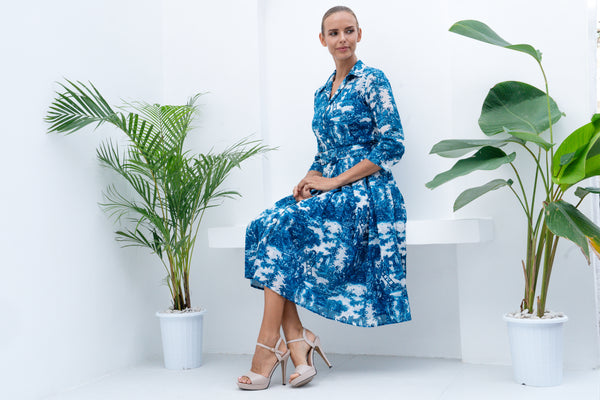 Audrey Dress #4 Shirt Collar 3/4 Sleeve Long Length Cotton Musola (Antilles Toile White)