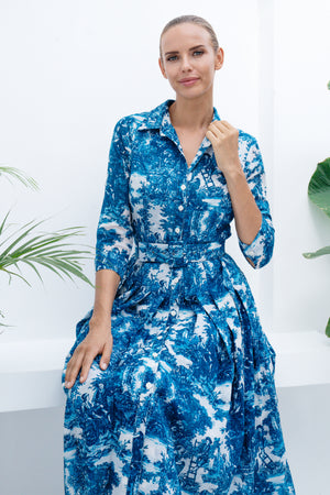 Audrey Dress #4 Shirt Collar 3/4 Sleeve Long Length Cotton Musola (Antilles Toile White)
