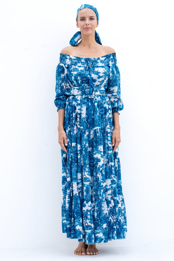Eden Dress Off Smock Shoulder 3/4 Smock Sleeve Maxi Length Cotton Musola (Antilles Toile White)