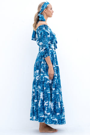Eden Dress Off Smock Shoulder 3/4 Smock Sleeve Maxi Length Cotton Musola (Antilles Toile White)