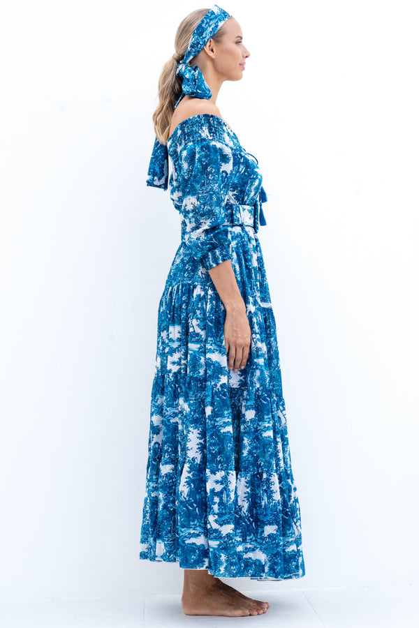 Eden Dress Off Smock Shoulder 3/4 Smock Sleeve Maxi Length Cotton Musola (Antilles Toile White)