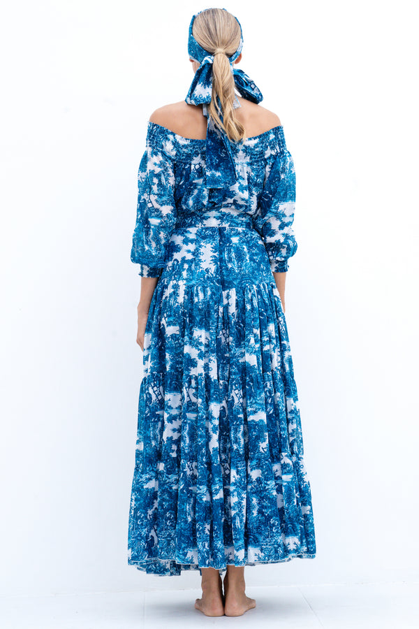 Eden Dress Off Smock Shoulder 3/4 Smock Sleeve Maxi Length Cotton Musola (Antilles Toile White)