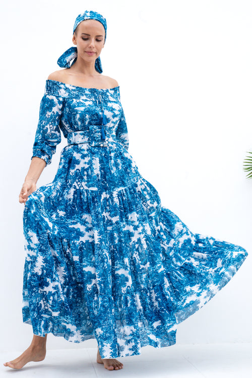 Eden Dress Off Smock Shoulder 3/4 Smock Sleeve Maxi Length Cotton Musola (Antilles Toile White)
