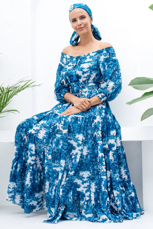 Eden Dress Off Smock Shoulder 3/4 Smock Sleeve Maxi Length Cotton Musola (Antilles Toile White)