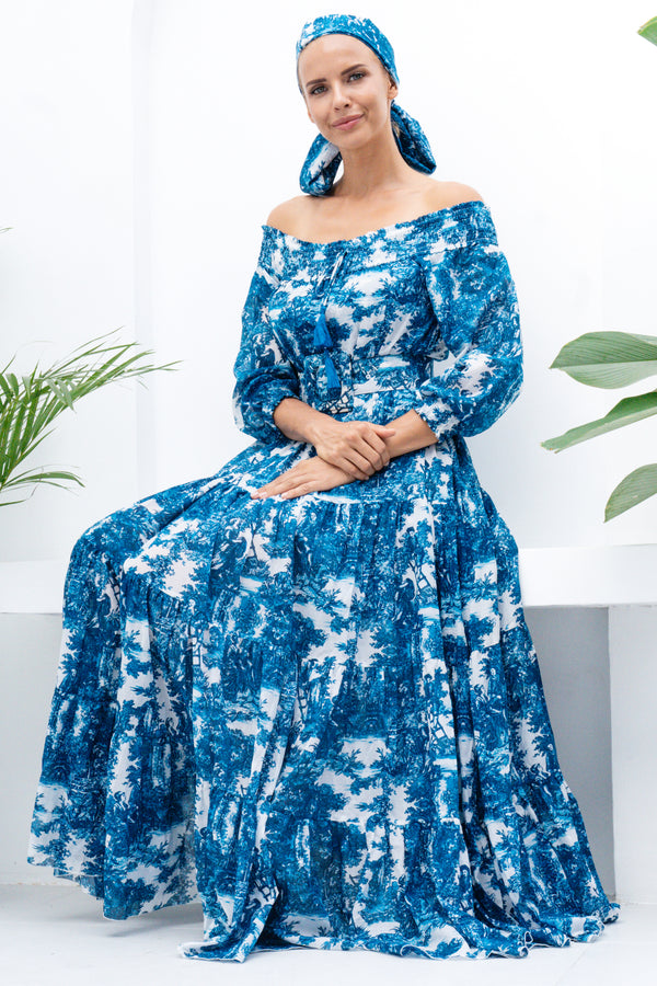 Eden Dress Off Smock Shoulder 3/4 Smock Sleeve Maxi Length Cotton Musola (Antilles Toile White)