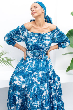 Eden Dress Off Smock Shoulder 3/4 Smock Sleeve Maxi Length Cotton Musola (Antilles Toile White)