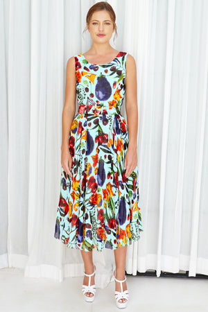 Aster  Dress Boat Neck Sleeveless Midi Length Linen (Watercolor Fruits)