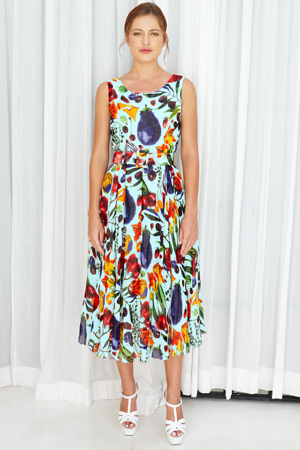 Aster  Dress Boat Neck Sleeveless Midi Length Linen (Watercolor Fruits)
