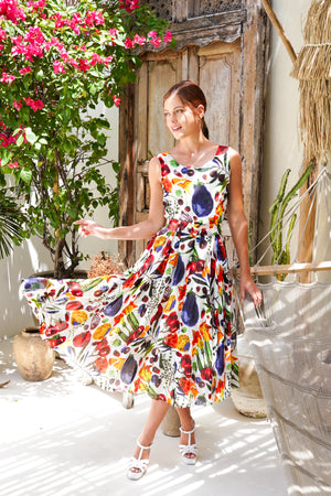 Aster  Dress Boat Neck Sleeveless Midi Length Linen (Watercolor Fruits)