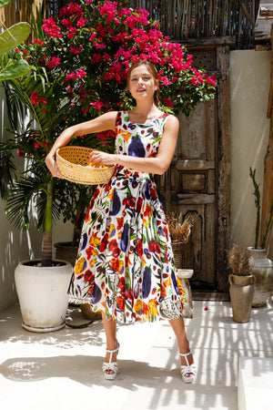 Aster  Dress Boat Neck Sleeveless Midi Length Linen (Watercolor Fruits)