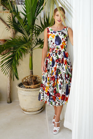 Aster  Dress Boat Neck Sleeveless Midi Length Linen (Watercolor Fruits)