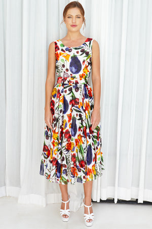 Aster  Dress Boat Neck Sleeveless Midi Length Linen (Watercolor Fruits)