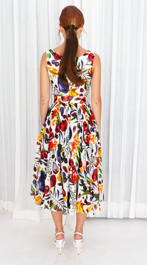Aster  Dress Boat Neck Sleeveless Midi Length Linen (Watercolor Fruits)