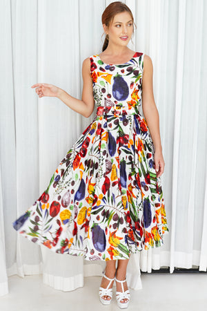 Aster  Dress Boat Neck Sleeveless Midi Length Linen (Watercolor Fruits)