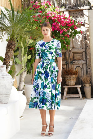 Aster Dress Crew Neck 1/2 Sleeve Midi Length Cotton Musola (Charlotte Rose Big)