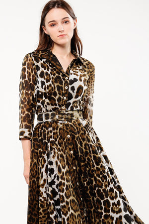 Aster Dress Shirt Collar 3/4 Sleeve Midi Length Cotton Musola (Colombo Leopard)