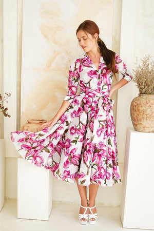 Aster Dress Shirt Collar 3/4 Sleeve Midi Length Cotton Musola (Magnolia Blossom)