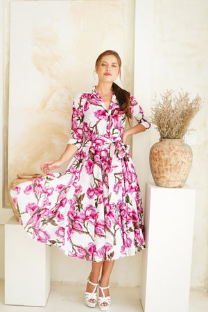 Aster Dress Shirt Collar 3/4 Sleeve Midi Length Cotton Musola (Magnolia Blossom)