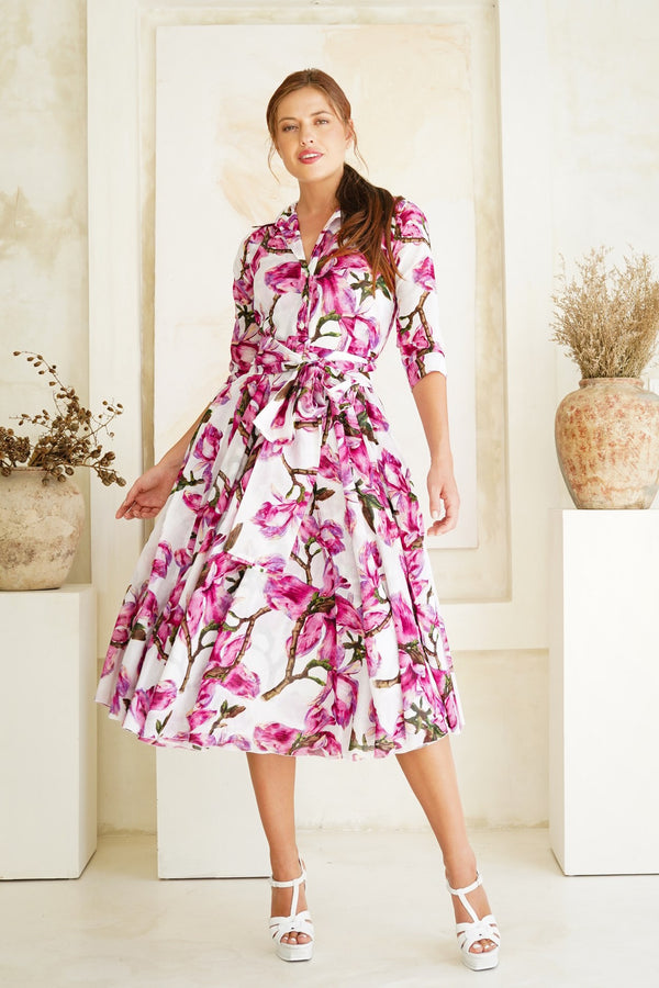 Aster Dress Shirt Collar 3/4 Sleeve Midi Length Cotton Musola (Magnolia Blossom)