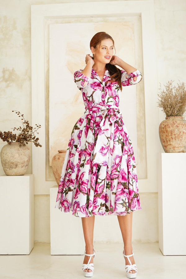 Aster Dress Shirt Collar 3/4 Sleeve Midi Length Cotton Musola (Magnolia Blossom)